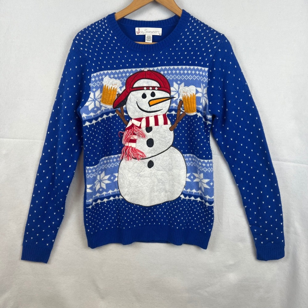 Jolly Sweaters Womens Beer Snowman Ugly Christmas Sweater Blue Knit Small
